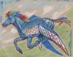 Size: 2000x1582 | Tagged: safe, artist:unacctmango, derpibooru import, part of a set, rainbow dash, horse, pegasus, pony, colored pencil drawing, female, flying, g4, hoers, image, jpeg, mare, signature, solo, traditional art, unshorn fetlocks