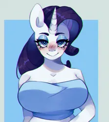 Size: 602x675 | Tagged: safe, artist:xscarywaysx, derpibooru import, rarity, anthro, unicorn, big breasts, blue background, blushing, breasts, busty rarity, hand on hip, huge breasts, image, lidded eyes, looking at you, passepartout, png, simple background, smiling, smiling at you, solo