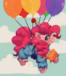 Size: 818x950 | Tagged: safe, artist:xscarywaysx, derpibooru import, pinkie pie, earth pony, pony, balloon, clown, clown nose, female, floating, hat, image, mare, party hat, png, red nose, smiling, solo, then watch her balloons lift her up to the sky
