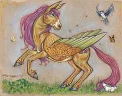 Size: 2166x1701 | Tagged: safe, artist:unacctmango, derpibooru import, part of a set, fluttershy, bird, blue jay, butterfly, horse, insect, pegasus, pony, rabbit, animal, colored pencil drawing, female, g4, hoers, image, jpeg, mare, signature, solo, traditional art, unshorn fetlocks