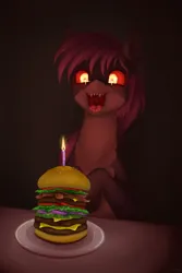 Size: 2000x3000 | Tagged: safe, alternate version, artist:stray prey, derpibooru import, oc, oc:spring tide, unofficial characters only, original species, shark, shark pony, burger, candle, female, food, image, loss (meme), meat, open mouth, png, ponies eating meat, sharp teeth, solo, teeth, uvula, volumetric mouth