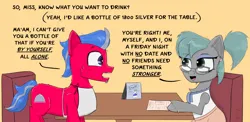 Size: 2200x1077 | Tagged: safe, artist:chopsticks, derpibooru import, oc, oc:willes, unofficial characters only, earth pony, pony, 1st awesome platoon, alcohol, alcoholism, alone, apron, cheek fluff, chest fluff, clothes, dialogue, drink, ear fluff, ear piercing, earring, female, glasses, image, jewelry, looking at each other, looking at someone, male, mare, piercing, png, ponytail, restaurant, sad, scarf, simple background, sitting, sketch, skirt, stallion, table, text, this will not end well, unshorn fetlocks, waiter
