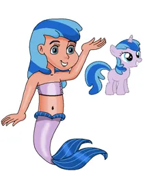 Size: 715x856 | Tagged: safe, artist:ocean lover, derpibooru import, star dreams, human, mermaid, pony, unicorn, bandeau, bare midriff, bare shoulders, belly, belly button, blue eyes, blue hair, child, cute, female, filly, fins, fish tail, foal, g4, happy, horn, human coloration, humanized, image, long hair, looking up, mermaid tail, mermaidized, midriff, moderate dark skin, ms paint, png, reference, simple background, sleeveless, smiling, species swap, swimming, tail, tail fin, tan skin, two toned hair, vector, white background
