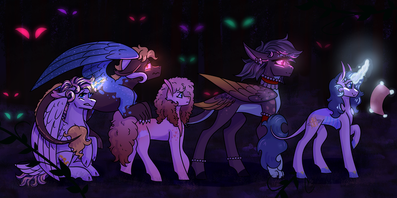 Size: 4000x2000 | Tagged: safe, artist:periwinklechick, derpibooru import, oc, oc:angelite, oc:bijouterie, oc:crescent moon, oc:crème puff pie-sandwich, oc:journey, unofficial characters only, alicorn, changepony, earth pony, hybrid, pony, alicorn oc, eyes in the dark, female, forest, glow, glowing eyes, glowing horn, high res, horn, image, interspecies offspring, levitation, magic, male, map, mare, offspring, parent:ahuizotl, parent:cheese sandwich, parent:daring do, parent:discord, parent:pharynx, parent:pinkie pie, parent:princess cadance, parent:princess luna, parent:rarity, parent:shining armor, parents:cheesepie, parents:darizotl, parents:lunacord, parents:pharity, parents:shiningcadance, png, stallion, telekinesis, tree, wings