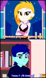 Size: 736x1228 | Tagged: safe, artist:robertsonskywa1, derpibooru import, oc, oc:starshadow skystalker, equestria girls, g5, bookshelf, clothes, cosplay, costume, female, flare (g5), flareshadow, image, male, marvel, night, photo, png, room, scenery, shipping, shipping fuel, shirt, spider-gwen, spider-man, spider-man: across the spider-verse, t-shirt, window