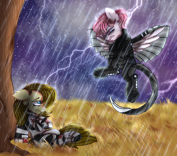 Size: 1191x1048 | Tagged: safe, artist:bluemoon, derpibooru import, oc, oc:dusty heartwood, earth pony, pegasus, pony, fallout equestria, armor, duo, enclave, enclave armor, image, lightning, png, rain, thunderstorm