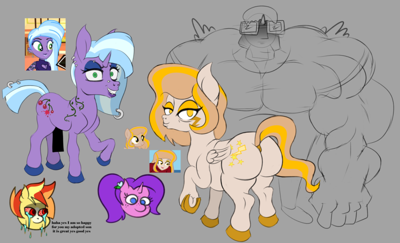 Size: 5209x3160 | Tagged: questionable, artist:skunk bunk, fuchsia blush, oc, oc:brandon, oc:brandon's mom, oc:flame blitz, oc:lightning star, ponified, earth pony, human, pegasus, pony, unicorn, adopted offspring, adoptive, alicorn humanization, aluna stars, ass, beige, beige coat, bicolor mane, bicolor tail, blonde mane, blonde tail, bottom heavy, buff, butt, censored, cherry, crying, cute, cutie mark, dialogue, dilated pupils, dock, eyeshadow, female, food, freckles, glasses, higher res version, hooves, horned humanization, humanized, image, implied futa, lightning, lipstick, makeup, male, mare, muscles, piercing, png, popped cherry, purple, purple coat, purple skin, raised leg, raised tail, red eyes, reference, reference used, smiling, smug, snout, stallion, swole, tail, tattoo, text, the ass was fat, two toned mane, two toned tail, winged humanization