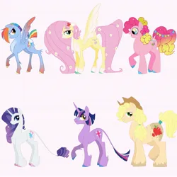 Size: 2048x2048 | Tagged: safe, artist:texacity, derpibooru import, applejack, fluttershy, pinkie pie, rainbow dash, rarity, twilight sparkle, classical unicorn, earth pony, pegasus, pony, unicorn, alternate design, chest fluff, cloven hooves, colored hooves, colored wings, female, flower, flower in hair, flower in tail, freckles, glasses, gradient legs, gradient wings, horn, image, jpeg, leonine tail, mane six, mare, pale belly, spread wings, tail, twitterina design, unshorn fetlocks, wings