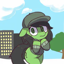 Size: 1329x1327 | Tagged: safe, artist:deerie, derpibooru import, oc, oc:anonfilly, earth pony, pony, baseball cap, cap, clothes, earth pony oc, female, filly, hat, image, jacket, jpeg, outdoors, scared, snow, solo