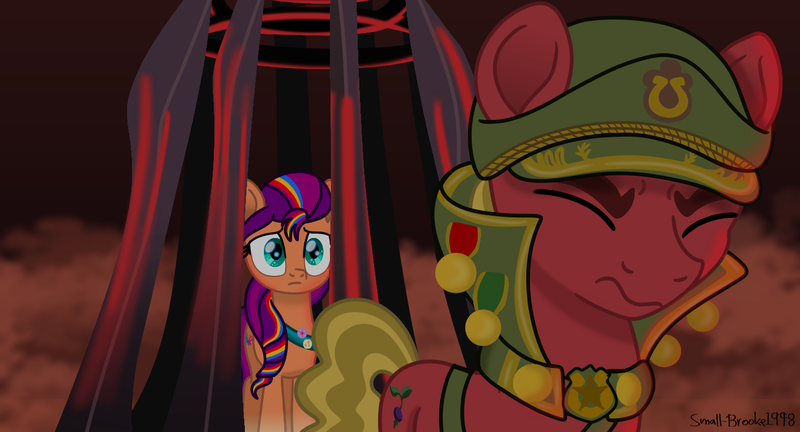 Size: 1467x793 | Tagged: safe, artist:small-brooke1998, derpibooru import, sprout cloverleaf, sunny starscout, alicorn, earth pony, pony, g5, my little pony: the movie, antagonist, cage, captured, emperor sprout, g4, g5 to g4, generation leap, image, mlp fim's thirteenth anniversary, open up your eyes, png, scene interpretation