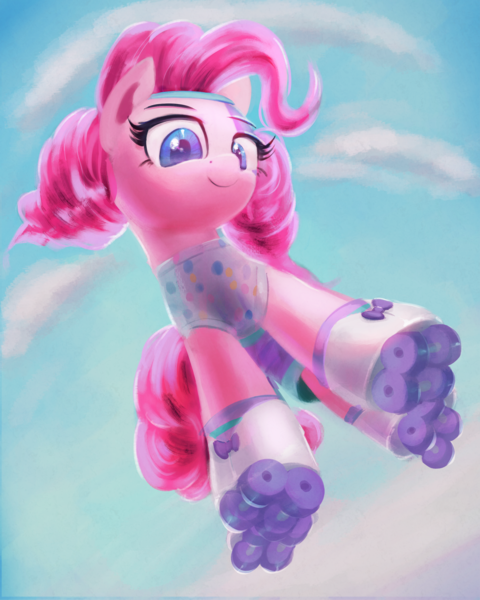 Size: 2000x2500 | Tagged: safe, artist:vultraz, ponerpics import, pinkie pie, earth pony, pony, clothes, female, floating, headband, image, mare, pinktober, png, shirt, skates, solo