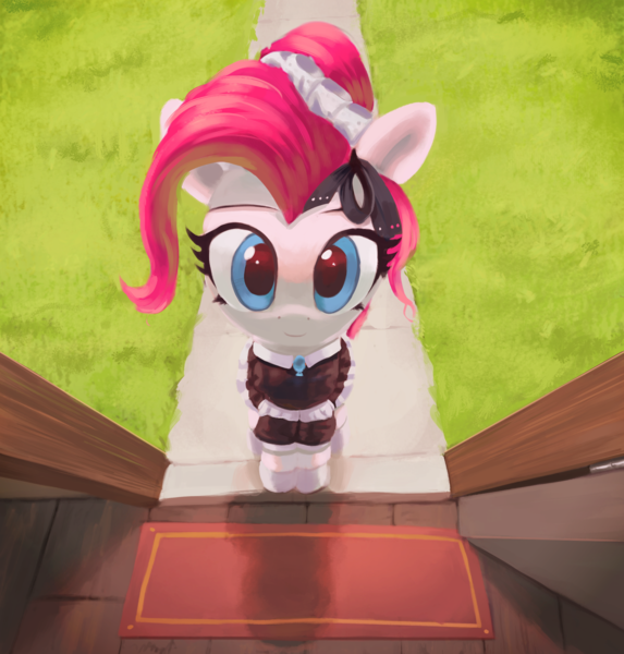 Size: 2000x2094 | Tagged: safe, artist:vultraz, ponerpics import, pinkie pie, earth pony, pony, bow, clothes, doorway, female, hair bow, image, looking at you, maid, mare, pinktober, png, solo