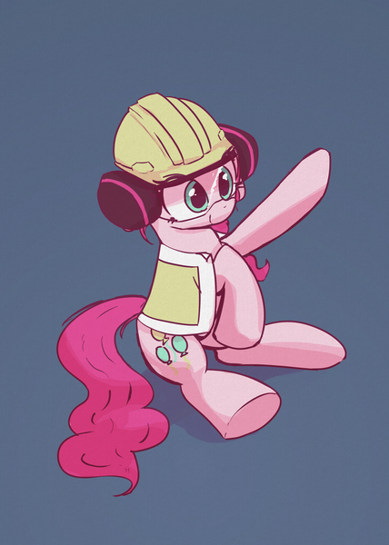 Size: 2000x2807 | Tagged: safe, artist:vultraz, ponerpics import, pinkie pie, earth pony, pony, ear protection, female, hard hat, image, mare, pinktober, png, raised hoof, safety goggles, safety vest, simple background, sitting, solo