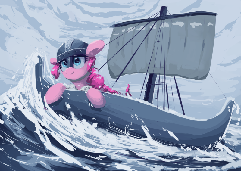 Size: 2818x2000 | Tagged: safe, artist:vultraz, ponerpics import, pinkie pie, earth pony, pony, female, image, longship, mare, ocean, pinktober, png, solo, viking