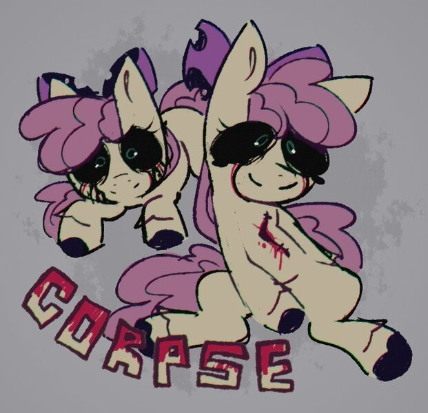 Size: 720x696 | Tagged: semi-grimdark, artist:mihar34, derpibooru import, apple bloom, earth pony, pony, black sclera, blood, bow, corpse, crying, hair bow, image, injured, jpeg, possessed, smiling, solo, tears of blood