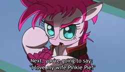 Size: 3440x2000 | Tagged: safe, artist:vultraz, ponerpics import, pinkie pie, earth pony, pony, caption, dialogue, female, image, jojo's bizarre adventure, joseph joestar, looking at you, mare, pinktober, png, solo, text