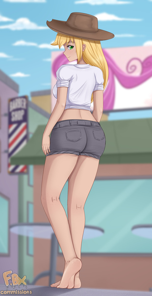 Size: 1772x3425 | Tagged: safe, artist:focusb, derpibooru import, applejack, equestria girls, barefoot, building, clothes, cowboy hat, deviantart, feet, female, hat, high res, human coloration, image, jpeg, manehattan, meta, outdoors, patreon, pixiv, shorts, sky, solo, stetson, twitter, watermark