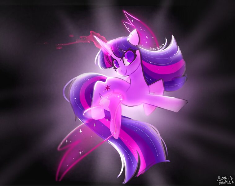 Size: 1024x811 | Tagged: safe, artist:petaltwinkle, derpibooru import, twilight sparkle, pony, unicorn, artificial wings, augmented, female, flying, glow, glowing horn, horn, image, jpeg, magic, magic wings, mare, signature, smiling, solo, sunburst background, unicorn twilight, wings