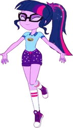 Size: 385x670 | Tagged: safe, derpibooru import, edit, edited screencap, editor:incredibubbleirishguy, screencap, sci-twi, twilight sparkle, human, equestria girls, legend of everfree, ^^, background removed, beautiful, camp everfree outfits, clothes, cute, eyes closed, eyeshadow, female, glasses, happy, image, long socks, makeup, pants, png, ponytail, purple eyeshadow, shorts, simple background, solo, transparent background