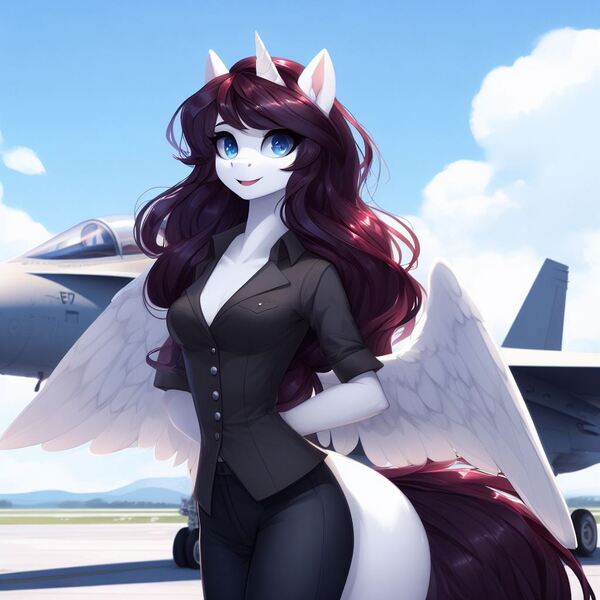 Size: 1024x1024 | Tagged: safe, derpibooru import, machine learning generated, oc, oc:géraldine starlight, alicorn, anthro, ai content, beautiful, f/a-18 hornet, image, jet, jet fighter, jpeg, looking at you, machine learning, plane, smiling, smiling at you, solo, wings