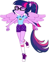 Size: 529x670 | Tagged: safe, derpibooru import, sci-twi, twilight sparkle, alicorn, human, equestria girls, legend of everfree, ^^, alicornified, cute, eyes closed, eyeshadow, glasses, image, large wings, makeup, png, ponied up, pony ears, ponytail, purple eyeshadow, race swap, scitwilicorn, spread wings, transformation, wings