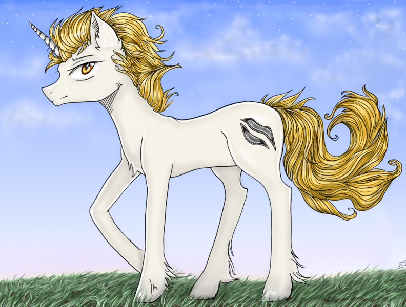 Size: 2190x1660 | Tagged: safe, artist:hysteriana, derpibooru import, oc, oc:raiten, unofficial characters only, pony, unicorn, chest fluff, cloud, dawn, digital art, ear fluff, evening, gift art, glossy, golden eyes, golden mane, grass, grass field, hoof fluff, horn, image, light skin, male, old art, phone drawing, png, sky, stallion, stars, unicorn oc, yellow eyes, yellow mane