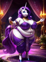 Size: 768x1024 | Tagged: suggestive, derpibooru import, machine learning generated, stable diffusion, rarity, anthro, unguligrade anthro, unicorn, ai content, bbw, belly, belly button, belly dancer, belly dancer outfit, big breasts, bracelet, breasts, busty rarity, derpibooru exclusive, fat, female, huge breasts, image, jewelry, necklace, png, prompter:professordoctorc, raritubby, solo, solo female