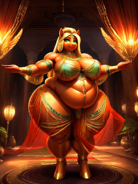 Size: 768x1024 | Tagged: suggestive, derpibooru import, machine learning generated, stable diffusion, applejack, anthro, earth pony, unguligrade anthro, ai content, alternate hairstyle, applebucking thighs, applefat, applejacked, bbw, belly, belly button, belly dancer, belly dancer outfit, biceps, big breasts, breasts, busty applejack, derpibooru exclusive, fat, female, huge breasts, image, musclegut, muscles, png, prompter:professordoctorc, solo, solo female, strong fat, thighs, thunder thighs