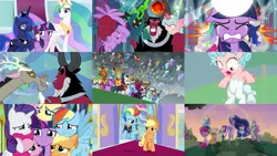 Size: 3416x1920 | Tagged: safe, alternate version, derpibooru import, edit, edited screencap, editor:itsmgh1203, screencap, amethyst star, applejack, bon bon, chancellor neighsay, cozy glow, discord, fizzlepop berrytwist, flam, flim, fluttershy, lord tirek, lyra heartstrings, minuette, moondancer, night light, pharynx, pinkie pie, prince rutherford, princess celestia, princess luna, queen chrysalis, rain shine, rainbow dash, rarity, sky beak, soarin', spike, spitfire, stellar flare, sweetie drops, tempest shadow, thorax, trixie, twilight sparkle, alicorn, centaur, changedling, changeling, draconequus, earth pony, kirin, pegasus, pony, taur, unicorn, yak, season 9, the ending of the end, the last problem, spoiler:s09, alicornified, applejack's hat, brothers, clothes, cowboy hat, cozycorn, crown, crying, eyes closed, female, filly, flim flam brothers, flying, foal, frown, gigachad spike, glasses, grin, hat, image, jewelry, jpeg, king thorax, magic, male, mane seven, mane six, mare, older, older applejack, older fluttershy, older mane seven, older mane six, older pinkie pie, older rainbow dash, older rarity, older spike, older twilight, prince pharynx, race swap, regalia, royal sisters, siblings, sisters, smiling, spread wings, stallion, sweet apple acres, tears of joy, telekinesis, twilight's castle, ultimate chrysalis, uniform, wings, wonderbolts uniform