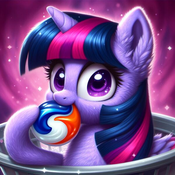Size: 1024x1024 | Tagged: safe, derpibooru import, machine learning generated, twilight sparkle, twilight sparkle (alicorn), alicorn, pony, ai content, anatomically incorrect, ear fluff, eating, female, generator:bing image creator, image, incorrect leg anatomy, jpeg, laundry basket, mare, noodle arms, solo, this will end in death, this will end in tears, this will end in tears and/or death, tide pods