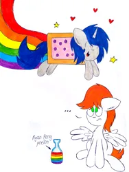 Size: 2495x3319 | Tagged: safe, artist:thunderrainbowshadow, derpibooru import, oc, oc:jazz, oc:silver bell, unofficial characters only, pegasus, pony, unicorn, duo, duo male, eyes closed, image, male, nyan cat, png, simple background, stallion, traditional art, white background