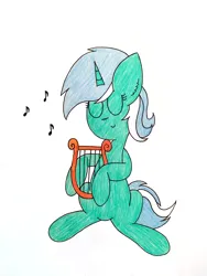 Size: 3000x4000 | Tagged: safe, artist:thunderrainbowshadow, derpibooru import, lyra heartstrings, pony, unicorn, eyes closed, female, image, mare, music notes, musical instrument, png, simple background, sitting, solo, traditional art, white background