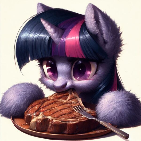 Size: 1024x1024 | Tagged: safe, derpibooru import, machine learning generated, twilight sparkle, pony, ai content, ambiguous race, blushing, ear fluff, eating, female, fluffy, food, fork, generator:bing image creator, guilty, image, jpeg, mare, meat, omnivore twilight, ponies eating meat, simple background, solo, steak