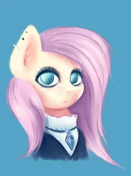 Size: 2976x3969 | Tagged: safe, alternate version, artist:coco-drillo, derpibooru import, fluttershy, pegasus, pony, fake it 'til you make it, blue background, bust, chest fluff, clothes, ear fluff, ear piercing, earring, eyeshadow, fluttergoth, frown, goth, gothic, image, jewelry, looking at you, makeup, messy mane, necklace, piercing, png, portrait, serious, serious face, simple background, solo