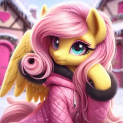 Size: 1024x1024 | Tagged: safe, machine learning generated, ponerpics import, ponybooru import, fluttershy, pegasus, pony, ai content, bing, clothes, female, fluffy, hoof on cheek, image, jpeg, mare, ponyville, snow, solo, winter outfit