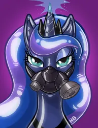 Size: 800x1035 | Tagged: suggestive, artist:hornbuckle, princess luna, alicorn, pony, bedroom eyes, blue eyeshadow, bust, crown, eyeshadow, female, gas mask, gradient background, image, jewelry, latex, latex skin, looking at you, magic, makeup, mare, mask, png, portrait, purple background, regalia, shiny skin, solo, solo female, watermark