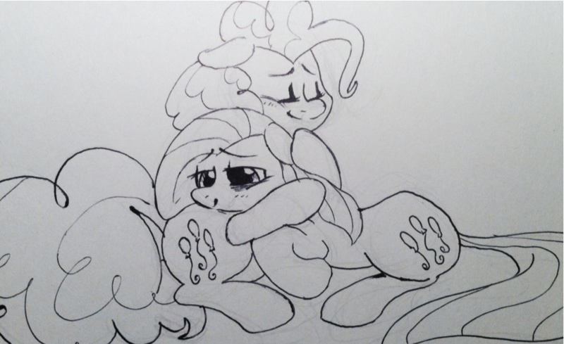 Size: 956x584 | Tagged: safe, artist:kluzart, derpibooru import, pinkie pie, pony, duality, hug, image, monochrome, pinkamena diane pie, png, traditional art