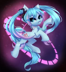 Size: 1000x1103 | Tagged: safe, artist:cabbage-arts, derpibooru import, ponified, earth pony, pony, eye clipping through hair, eyebrows, eyebrows visible through hair, hatsune miku, image, jpeg, looking at you, smiling, solo, vocaloid