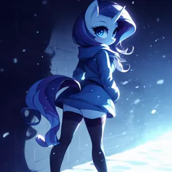 Size: 1024x1024 | Tagged: safe, derpibooru import, machine learning generated, rarity, anthro, ai content, belt, clothes, hoodie, image, jpeg, looking back, scarf, shadow, snow, snowfall, socks, thigh highs, thigh socks