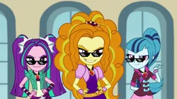 Size: 1920x1080 | Tagged: safe, derpibooru import, edit, edited screencap, screencap, adagio dazzle, aria blaze, sonata dusk, human, equestria girls, rainbow rocks, deal with it, evil, female, glasses, image, jpeg, smiling, style, the dazzlings, thug life, trio