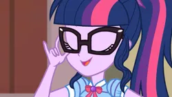 Size: 1333x750 | Tagged: safe, derpibooru import, screencap, sci-twi, twilight sparkle, equestria girls, equestria girls series, holidays unwrapped, spoiler:eqg series (season 2), eyes closed, glasses, image, png, the cider louse fools