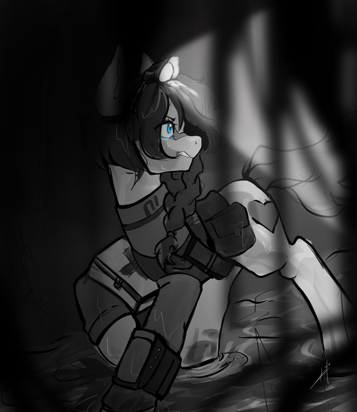 Size: 2600x3000 | Tagged: safe, artist:rarimonday, derpibooru import, oc, oc:dusty heartwood, earth pony, pony, fallout equestria, bag, blue eyes, braid, clothes, crying, cutie mark, dark, fallout equestria oc, fear, flash light, headlamp, image, jumpsuit, medkit, monochrome, pipbuck, png, puddle, rain, saddle bag, scar, solo, vault suit, wet, wet mane