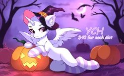 Size: 3489x2160 | Tagged: safe, artist:airiniblock, derpibooru import, alicorn, bat, pony, clothes, commission, complex background, ear fluff, halloween, hat, holiday, image, jack-o-lantern, moon, night, png, pumpkin, sketch, socks, solo, striped socks, tree, witch hat, ych sketch, your character here