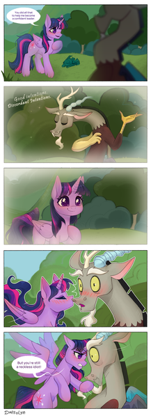 Size: 3040x8417 | Tagged: safe, artist:daffolyn, derpibooru import, edit, editor:zcord, discord, twilight sparkle, twilight sparkle (alicorn), alicorn, comic:discordant intentions, comic:discordant intentions (version 1), the ending of the end, antlers, blushing, bowing, close-up, commissioner:zcord, female, flashback, flowing hair, flowing mane, friendshipping, grass, hair grab, hair pulling, heart, hoof on chest, horn, image, kiss on the cheek, kissing, male, outdoors, outline, platonic kiss, png, raised hoof, scene interpretation, ship:discolight, shipping, shocked, shocked expression, shojo, signature, sparkles, straight, text edit, tsundere, white outline