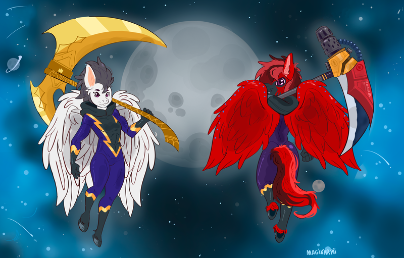 Size: 5497x3508 | Tagged: safe, artist:magikarpii, derpibooru import, oc, oc:brilliant verve, oc:pipe dream, unofficial characters only, anthro, bat pony, hybrid, pegasus, zony, clothes, costume, duo, fangs, feathered wings, floating, flying, gold, halloween, halloween 2023, hero, holiday, hooves, image, male, moon, night, nightmare night, pink eyes, planet, png, purple eyes, scythe, shadowbolts, shadowbolts costume, space, stripes, weapon, wings