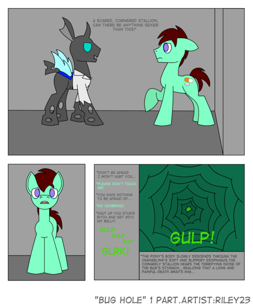 Size: 2550x3066 | Tagged: suggestive, artist:riley23, derpibooru import, oc, changeling, earth pony, pony, comic:bug hole, comic, image, png, vore