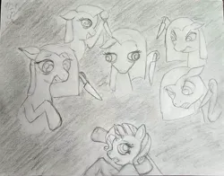 Size: 3826x3000 | Tagged: safe, artist:riskypony, derpibooru import, pinkie pie, rarity, clone, fear, image, imminent death, jpeg, knife, murder, pinkamena diane pie, traditional art