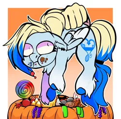 Size: 2048x2011 | Tagged: safe, artist:diethtwoo, derpibooru import, oc, oc:azure opus, pegasus, pony, blind, candy, commission, cutie mark, female, food, food on face, grabbing, halloween, hand, holiday, image, mare, png, pumpkin, shocked, shocked expression, tail, two toned mane, two toned tail, unshorn fetlocks, ych result