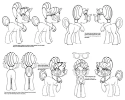 Size: 5888x4680 | Tagged: safe, artist:pony4koma, derpibooru import, raven, pony, unicorn, background pony, bangs, female, front view, glasses, hair bun, image, mare, necktie, png, reference sheet, secretary, side view, simple background, sketch, tail, tail bun, unofficial