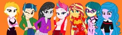 Size: 2529x743 | Tagged: safe, artist:robertsonskywa1, derpibooru import, indigo zap, izzy moonbow, juniper montage, octavia melody, sunset shimmer, zipp storm, equestria girls, g5, arcee, breasts, cleavage, clothes, cosplay, costume, dc comics, female, females only, flare (g5), image, kimiko glenn, liza koshy, lois lane, makinami mari illustrious, marvel, my adventures with superman, neon genesis evangelion, nightmare night, one eye closed, orange background, peace sign, photo, plugsuit, png, rodimus, simple background, skintight clothes, spider-gwen, spider-man, spider-man: across the spider-verse, spider-man: into the spider-verse, sports bra, sports outfit, stupid sexy zipp storm, suit, superman, transformers, transformers rise of the beasts, uniform, voice actor joke, wink